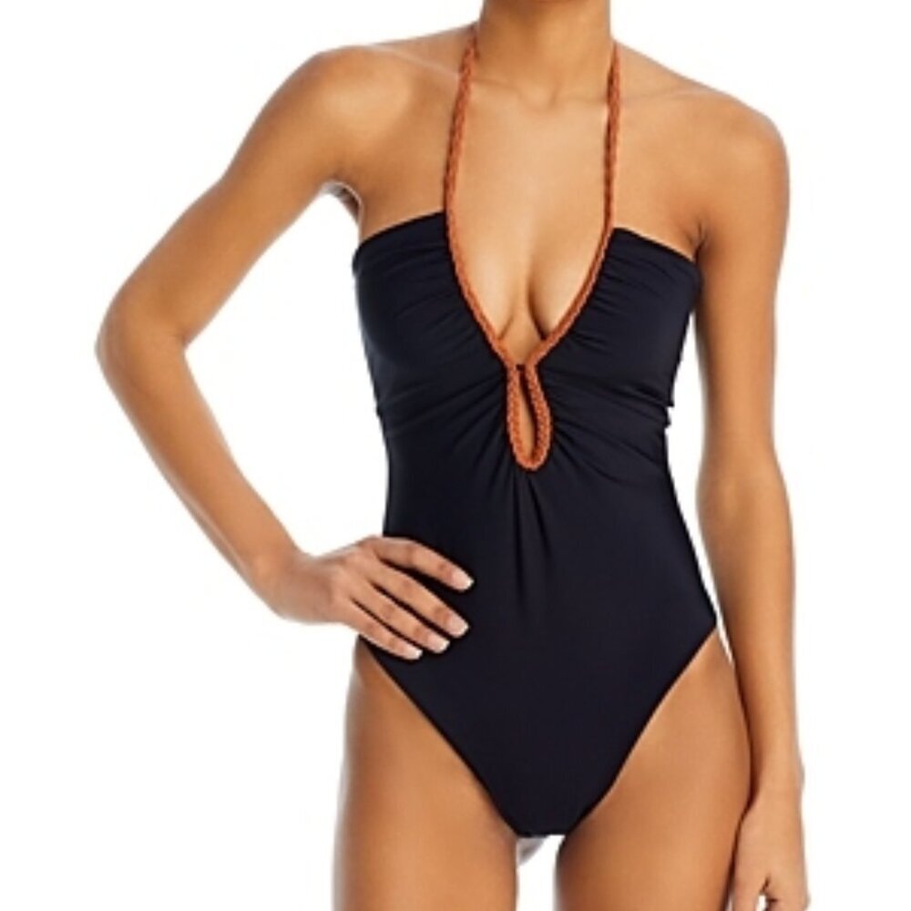 NWT Black One-Piece Halter Swim Suit with Brown Trim